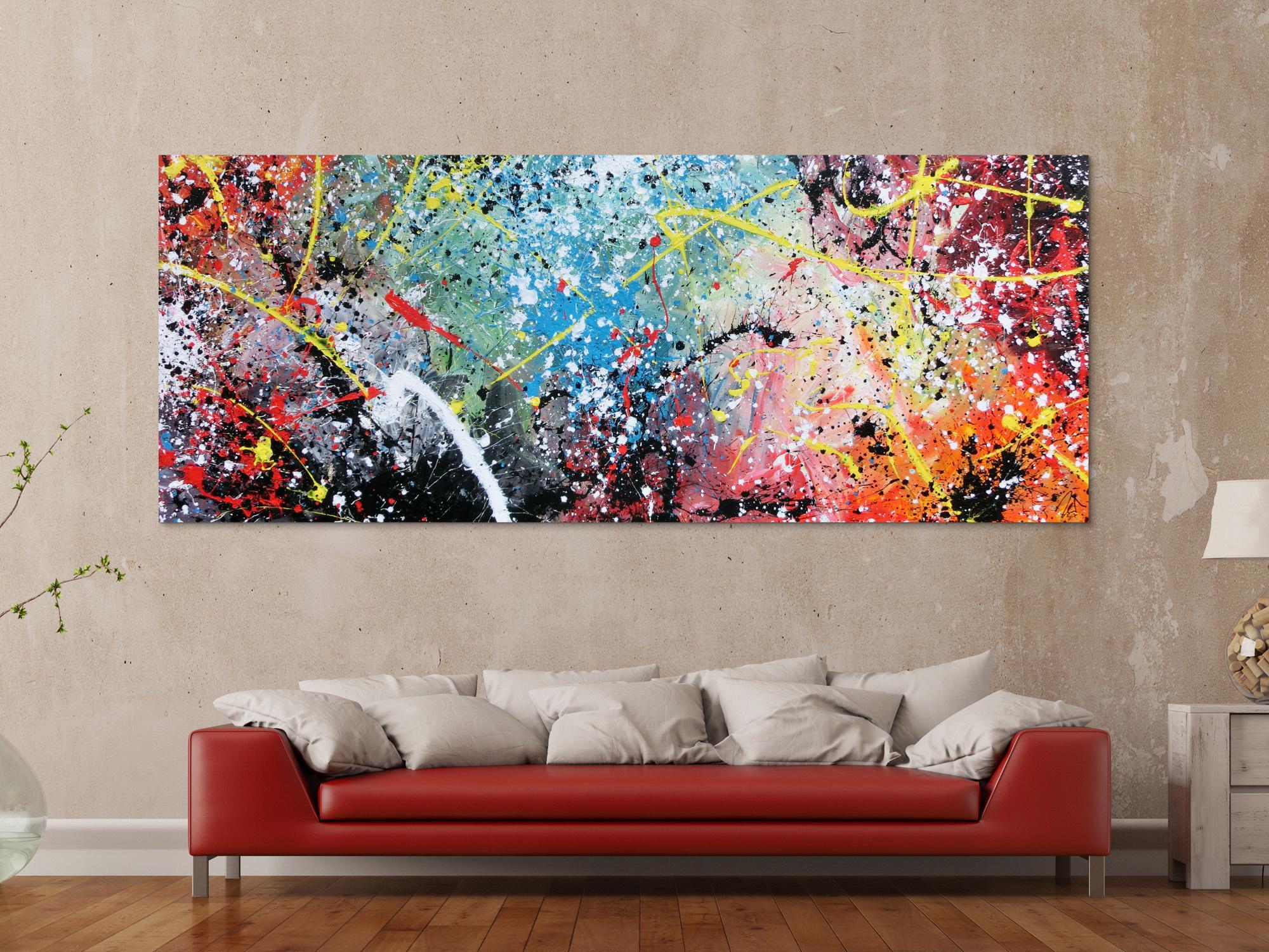 Abstraktes Bild Action Painting mit Acrylfarben sehr bunt