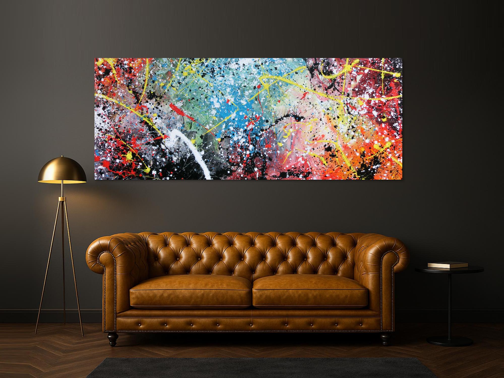 Abstraktes Bild Action Painting mit Acrylfarben sehr bunt