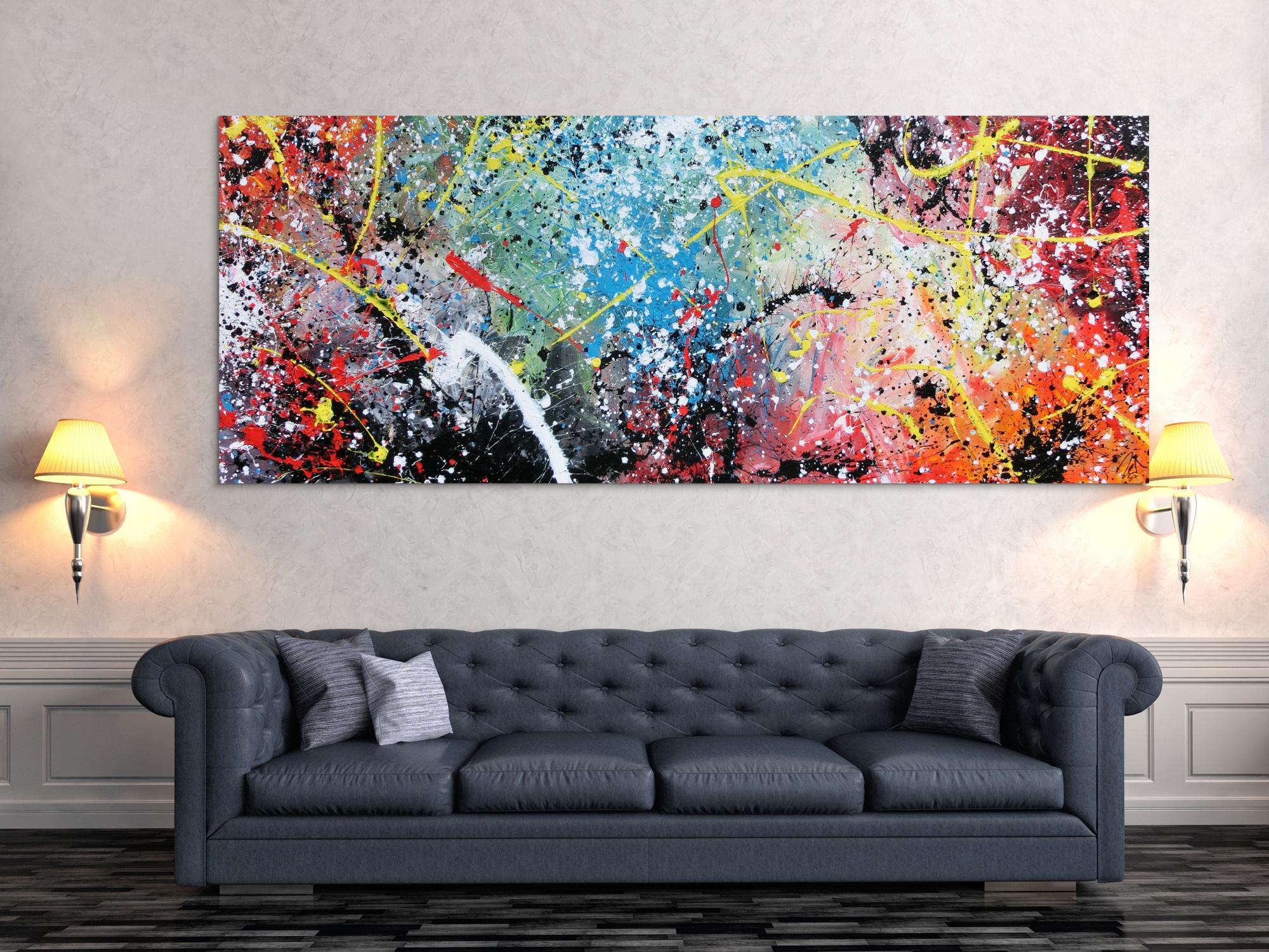 Abstraktes Bild Action Painting mit Acrylfarben sehr bunt