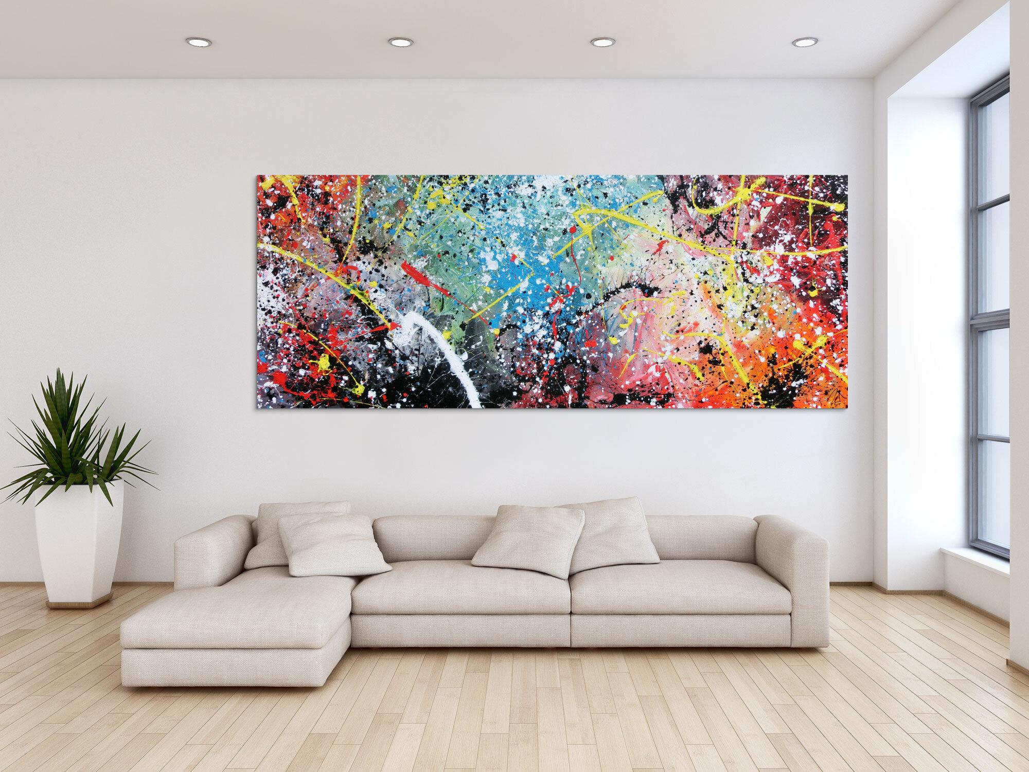 Abstraktes Bild Action Painting mit Acrylfarben sehr bunt