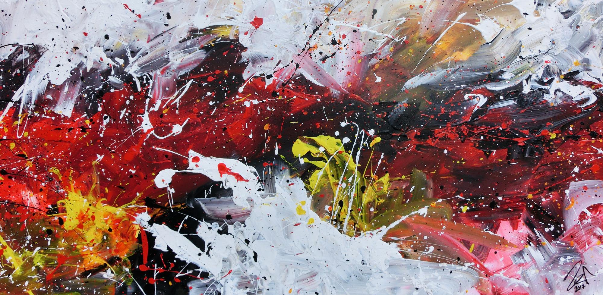 Abstraktes Acrylbild Actionpainting sehr modern in rot schwarz weiß gelb