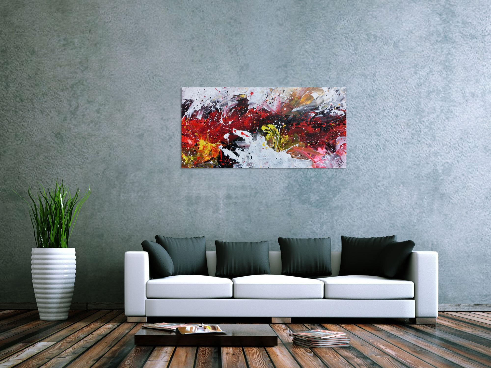 Abstraktes Acrylbild Actionpainting sehr modern in rot schwarz weiß gelb