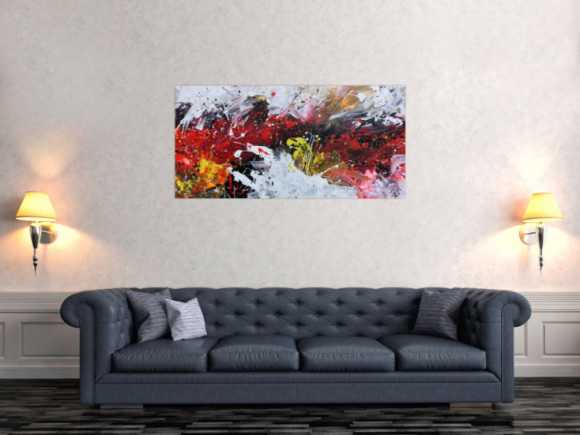 Abstraktes Acrylbild Actionpainting sehr modern in rot schwarz weiß gelb