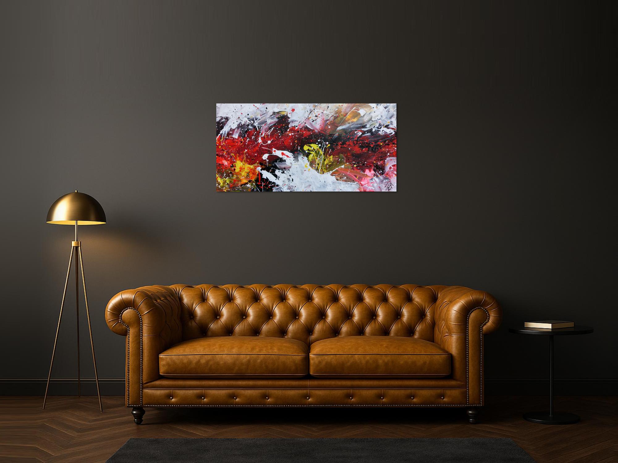 Abstraktes Acrylbild Actionpainting sehr modern in rot schwarz weiß gelb