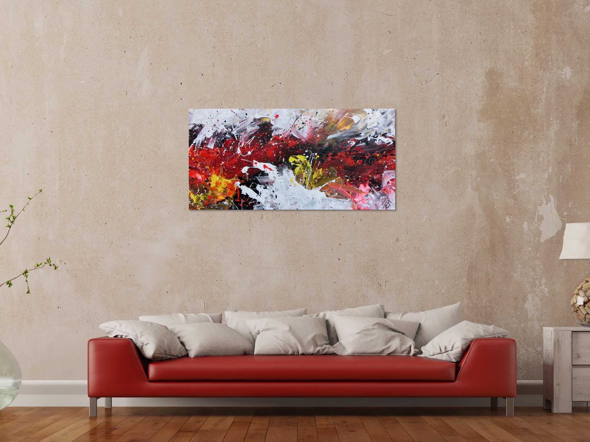 Abstraktes Acrylbild Actionpainting sehr modern in rot schwarz weiß gelb