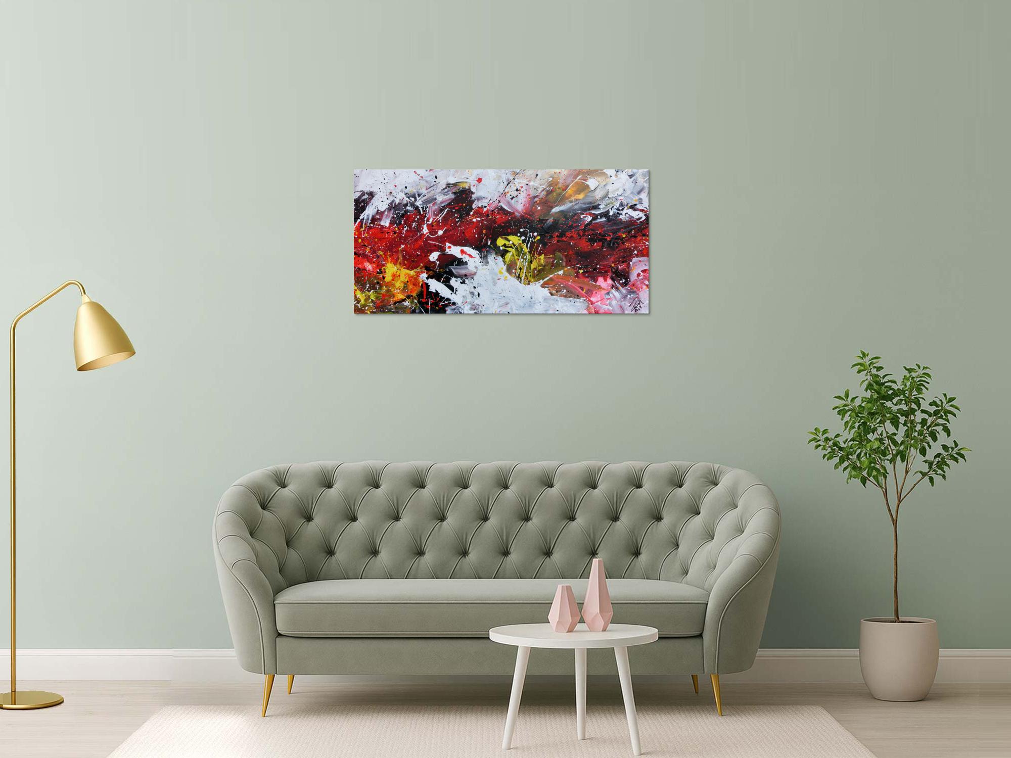 Abstraktes Acrylbild Actionpainting sehr modern in rot schwarz weiß gelb