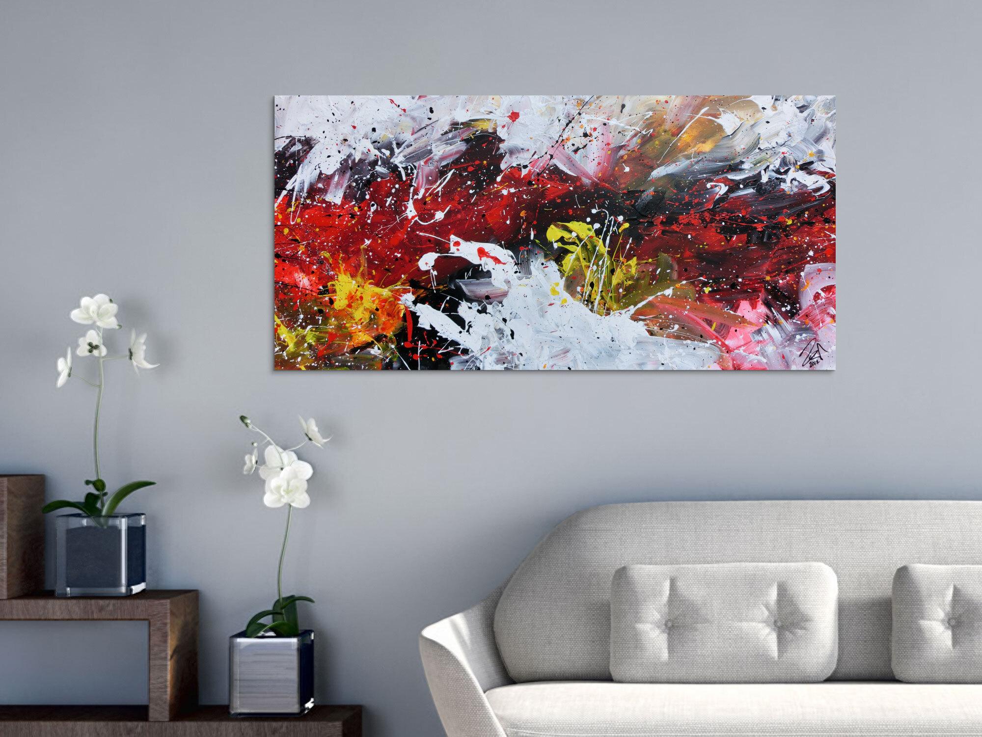 Abstraktes Acrylbild Actionpainting sehr modern in rot schwarz weiß gelb