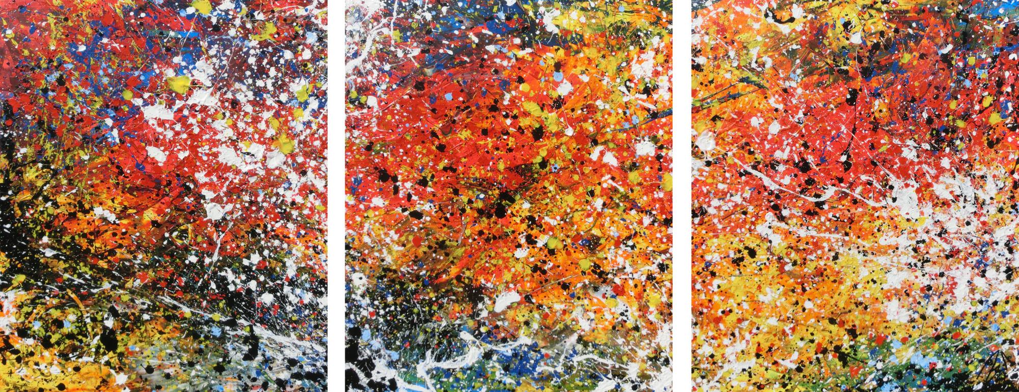 Abstraktes Acrylbild Triptychon sehr bunt und modern Actionpainting