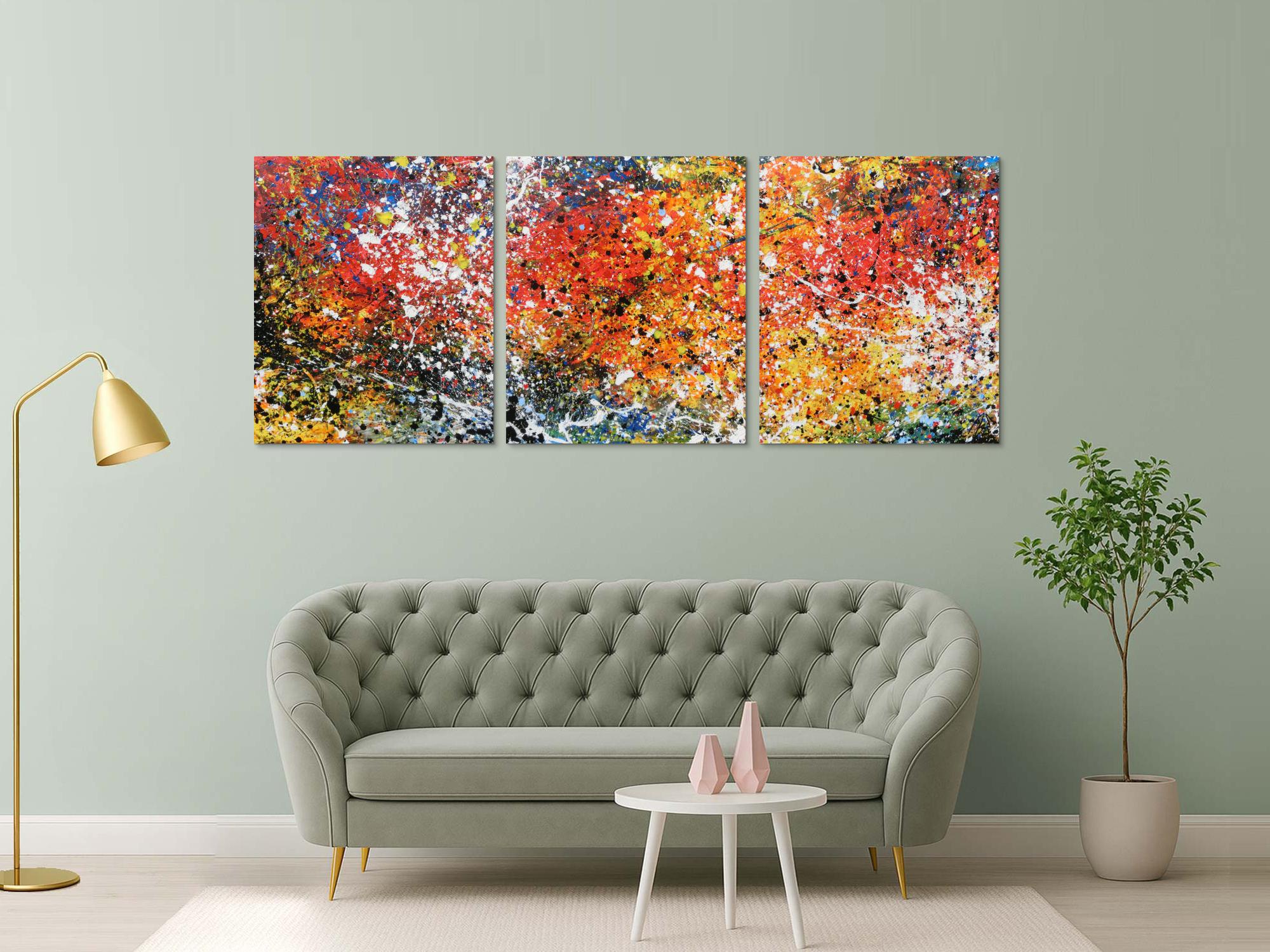 Abstraktes Acrylbild Triptychon sehr bunt und modern Actionpainting