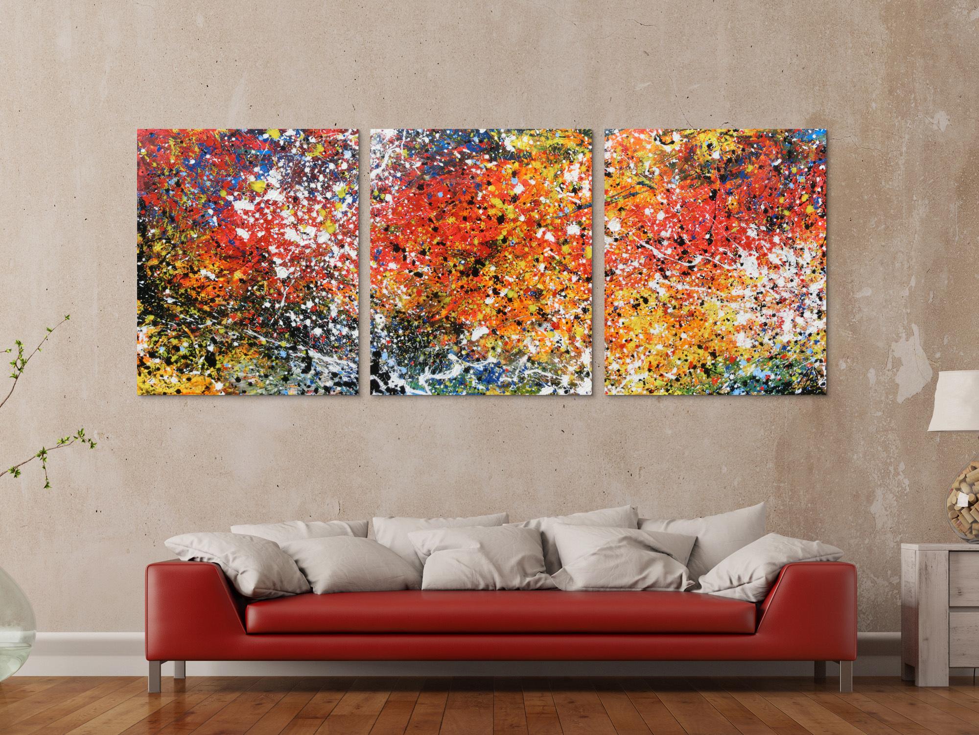 Abstraktes Acrylbild Triptychon sehr bunt und modern Actionpainting