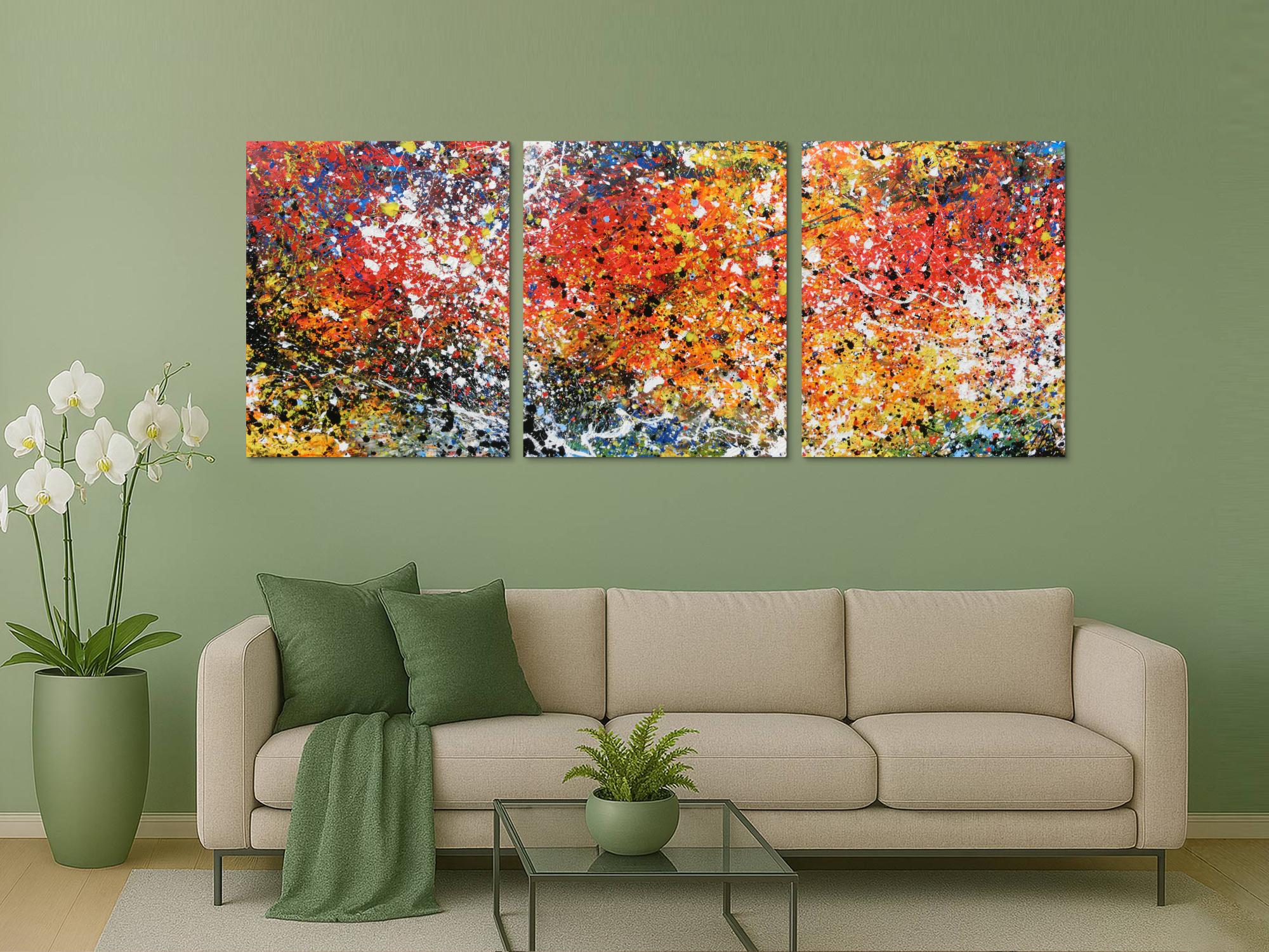 Abstraktes Acrylbild Triptychon sehr bunt und modern Actionpainting