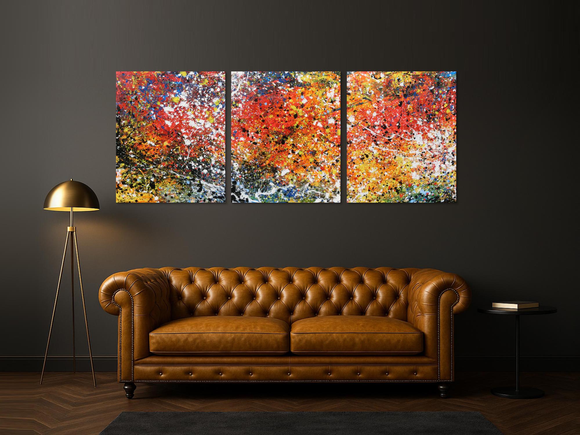 Abstraktes Acrylbild Triptychon sehr bunt und modern Actionpainting