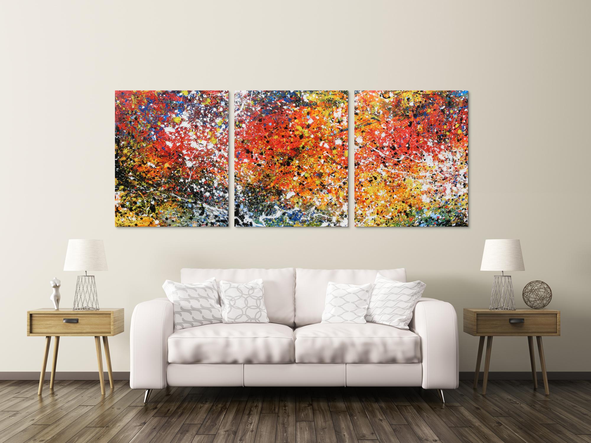 Abstraktes Acrylbild Triptychon sehr bunt und modern Actionpainting