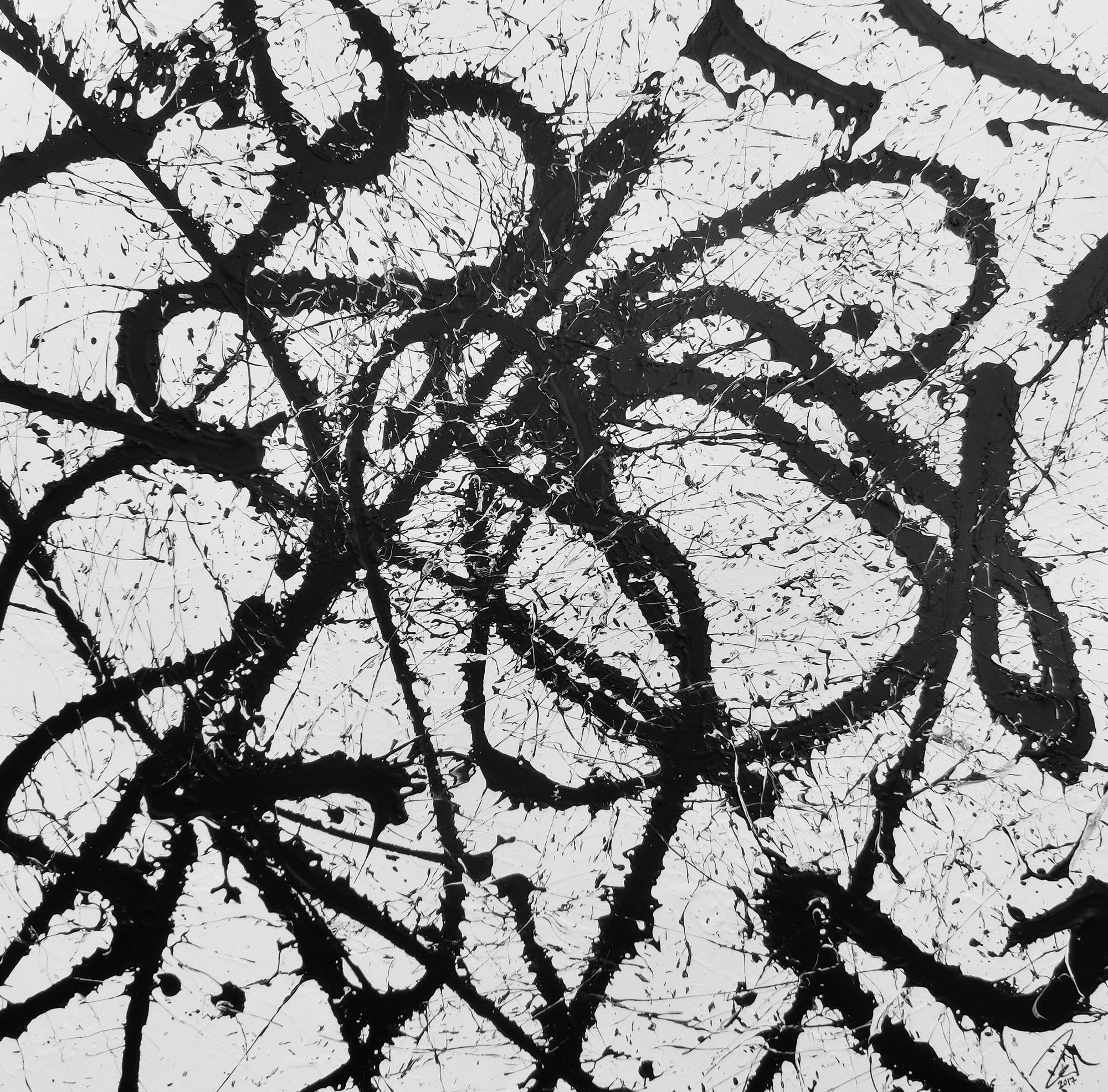 Abstraktes Acrylgemälde quadratisch schwarz weiß minimalistisch Actionpainting