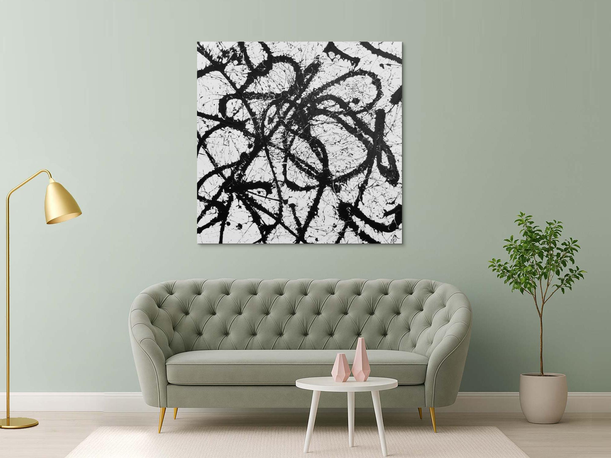 Abstraktes Acrylgemälde quadratisch schwarz weiß minimalistisch Actionpainting