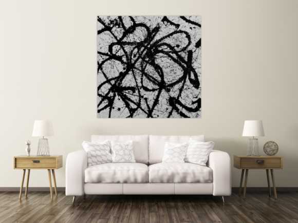 Abstraktes Acrylgemälde quadratisch schwarz weiß minimalistisch Actionpainting