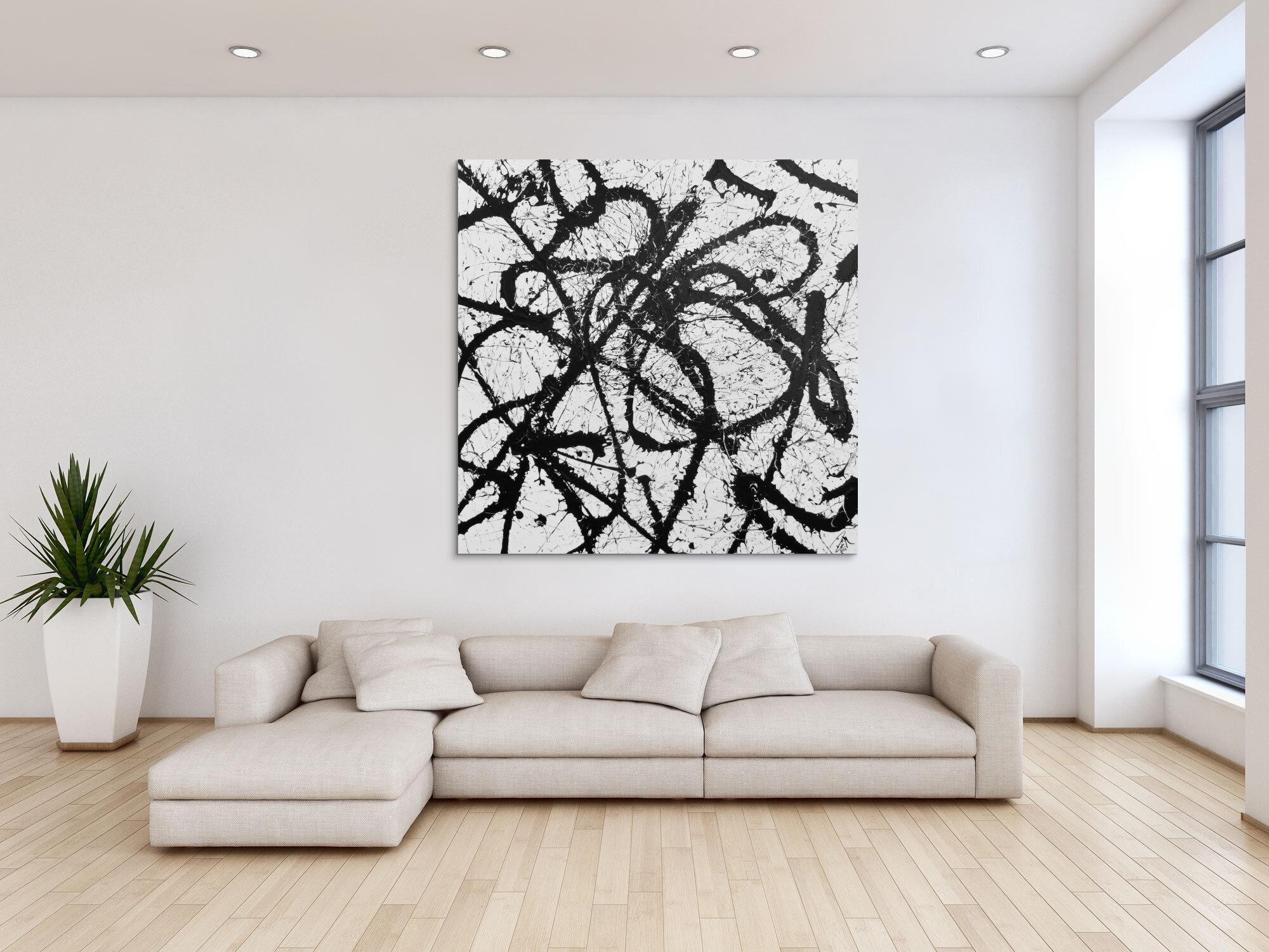 Abstraktes Acrylgemälde quadratisch schwarz weiß minimalistisch Actionpainting