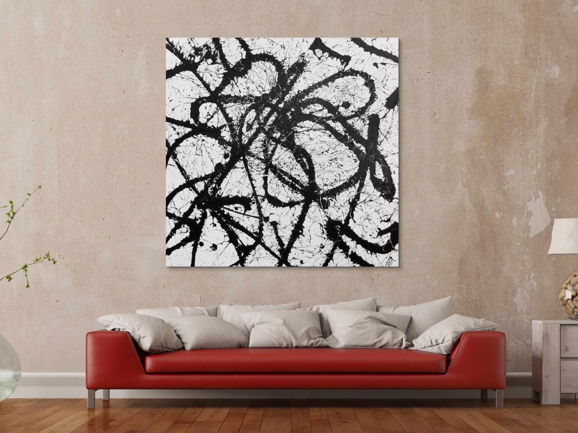 Abstraktes Acrylgemälde quadratisch schwarz weiß minimalistisch Actionpainting