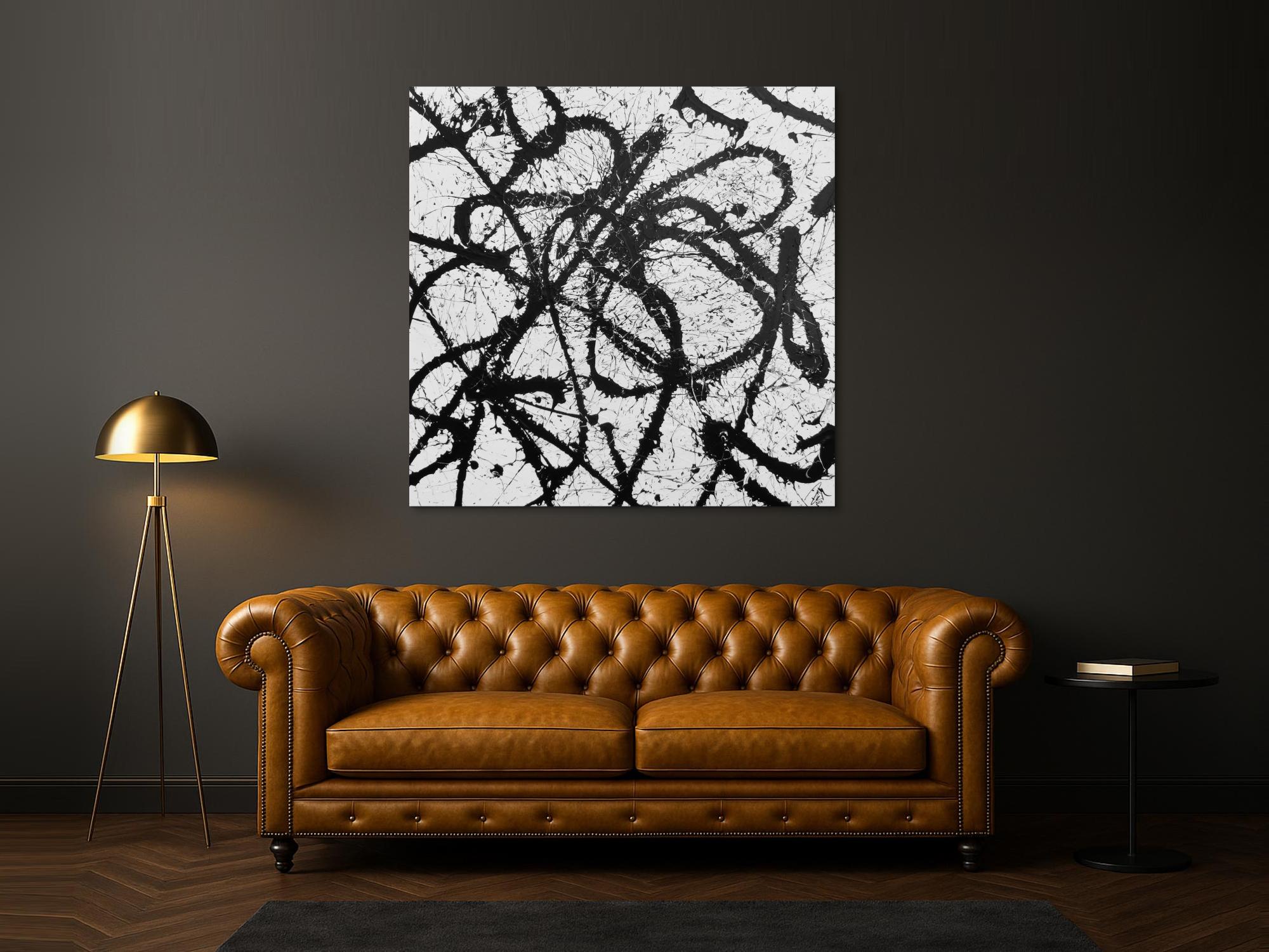 Abstraktes Acrylgemälde quadratisch schwarz weiß minimalistisch Actionpainting