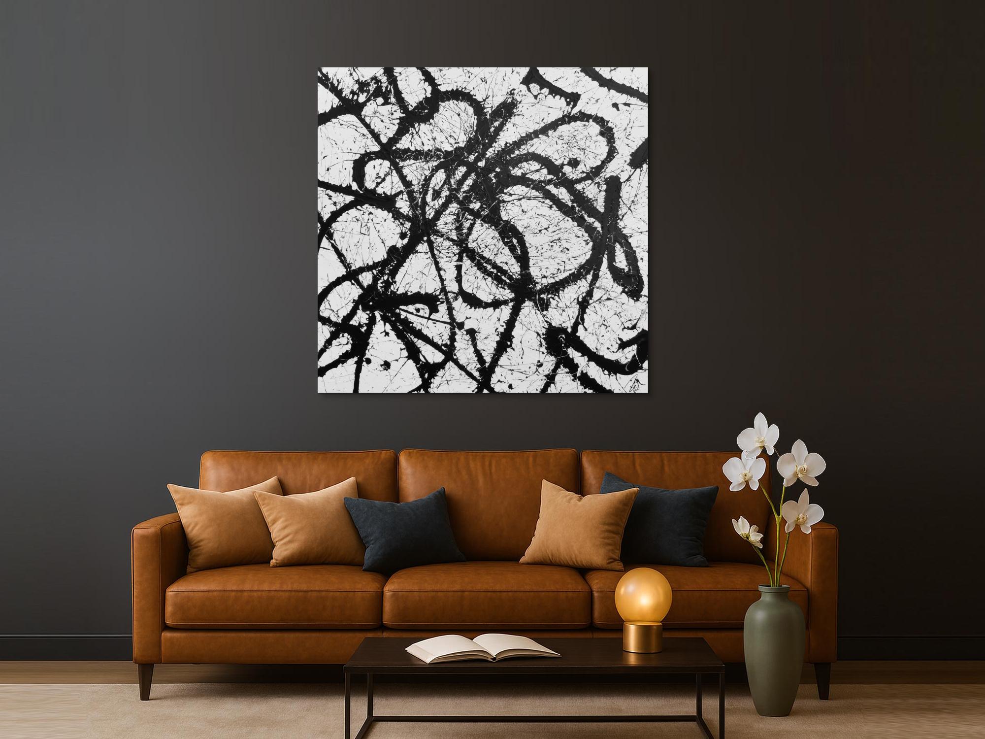 Abstraktes Acrylgemälde quadratisch schwarz weiß minimalistisch Actionpainting