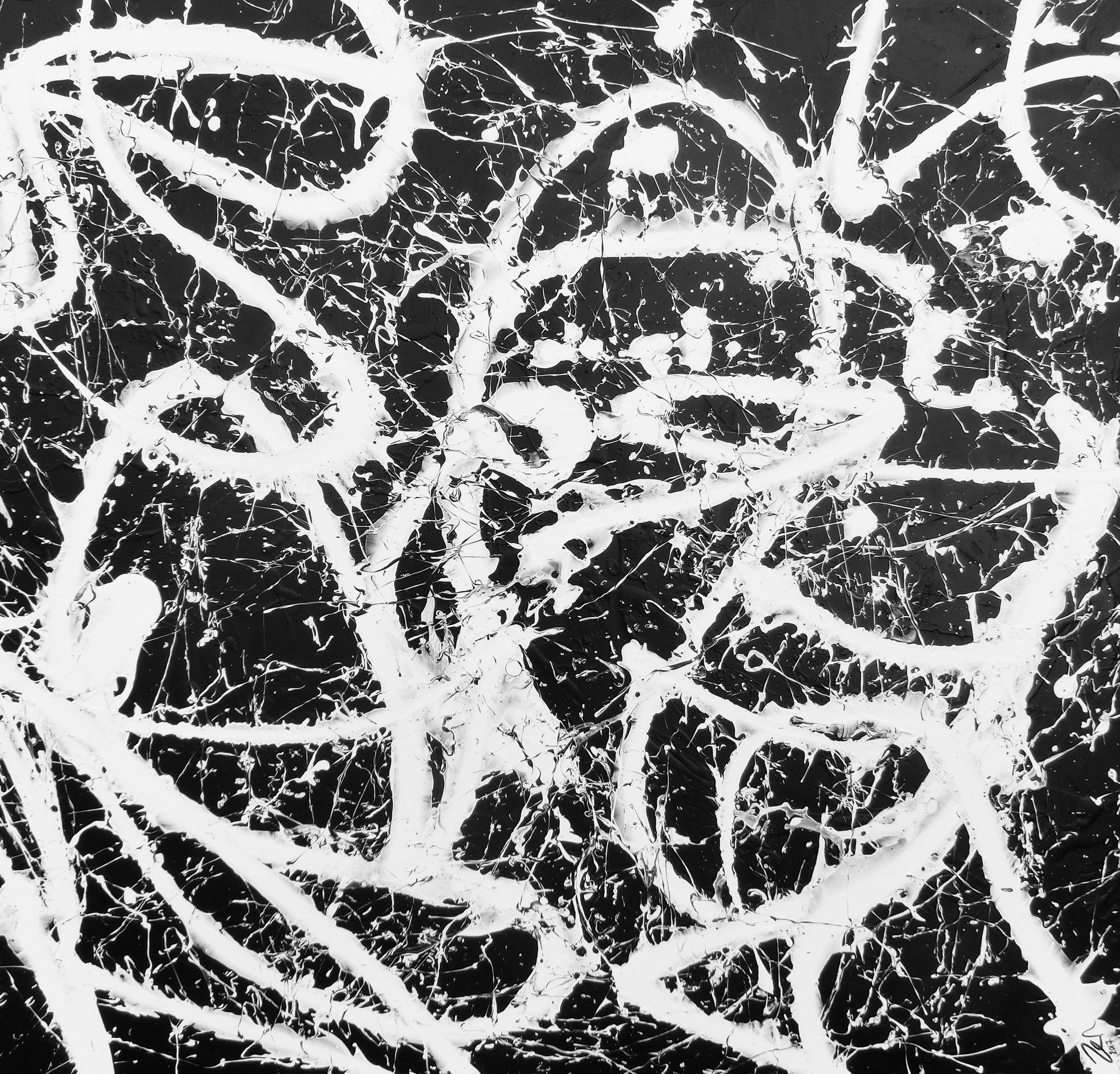 Abstraktes Acrylbild quadratisch in schwarz weiß minimalistisch Actionpainting