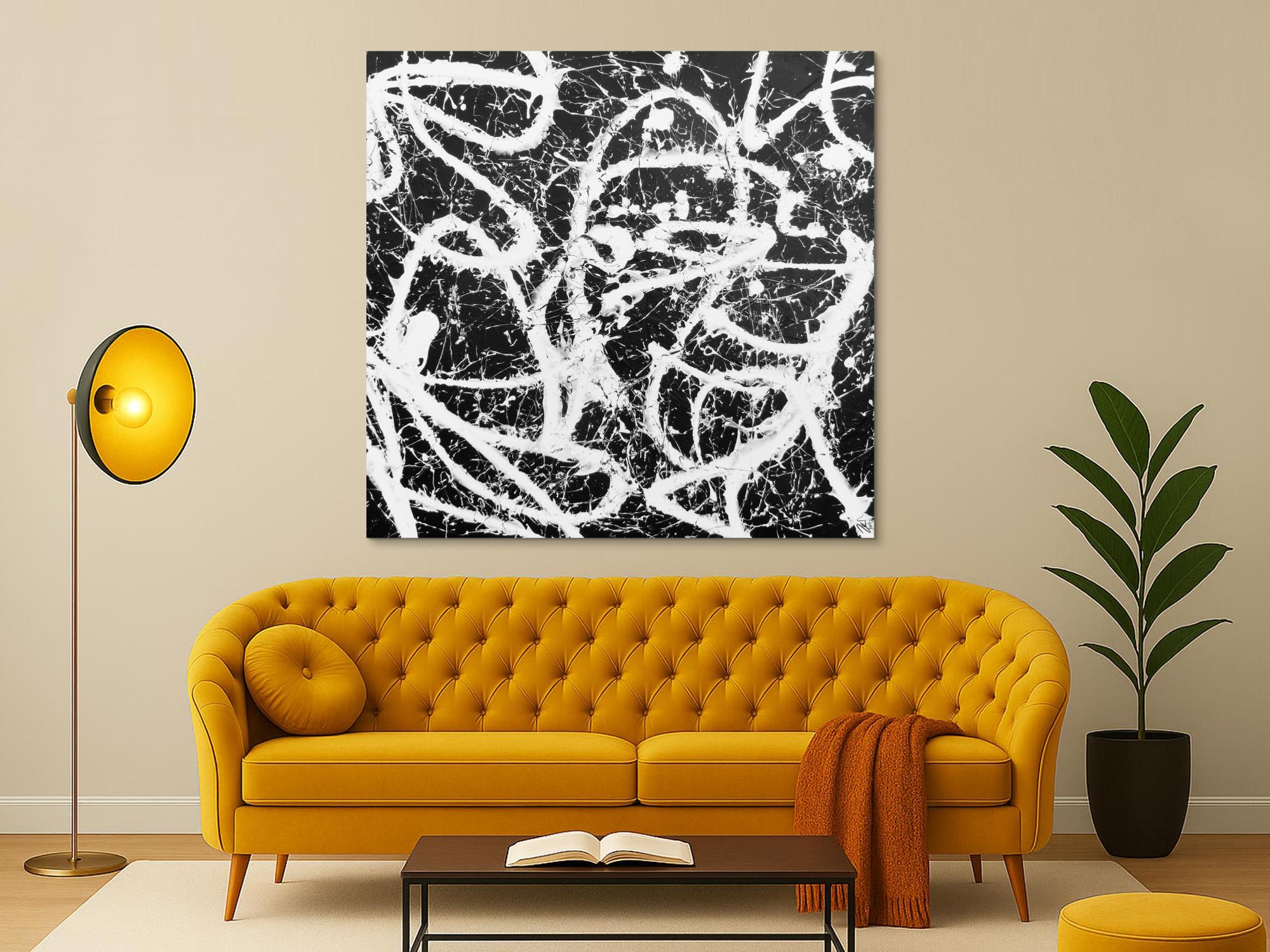 Abstraktes Acrylbild quadratisch in schwarz weiß minimalistisch Actionpainting