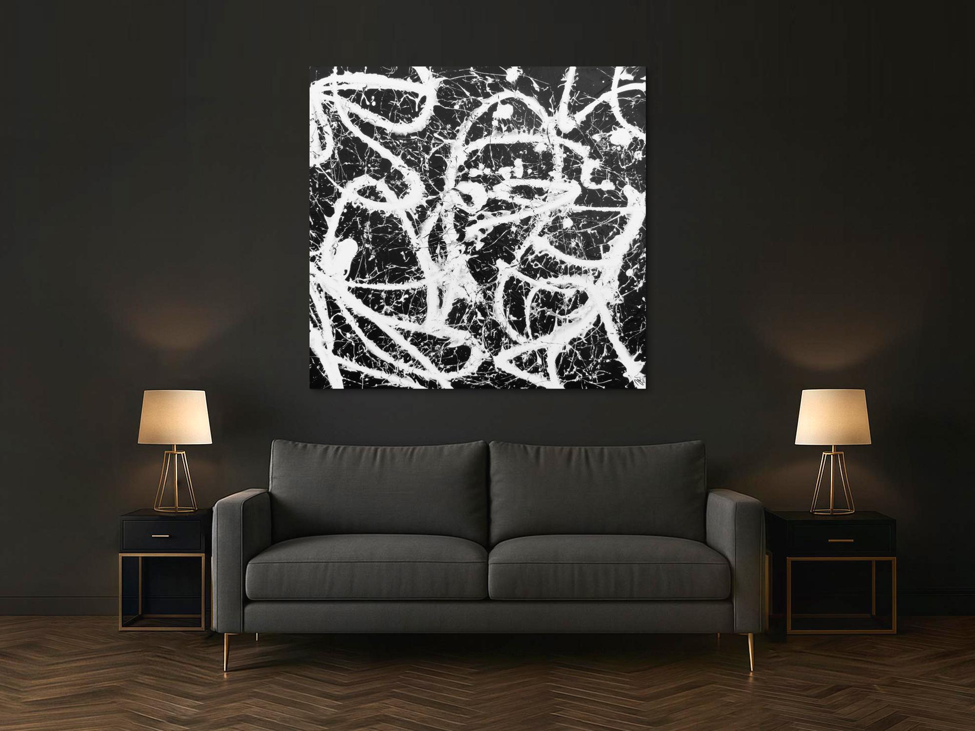 Abstraktes Acrylbild quadratisch in schwarz weiß minimalistisch Actionpainting