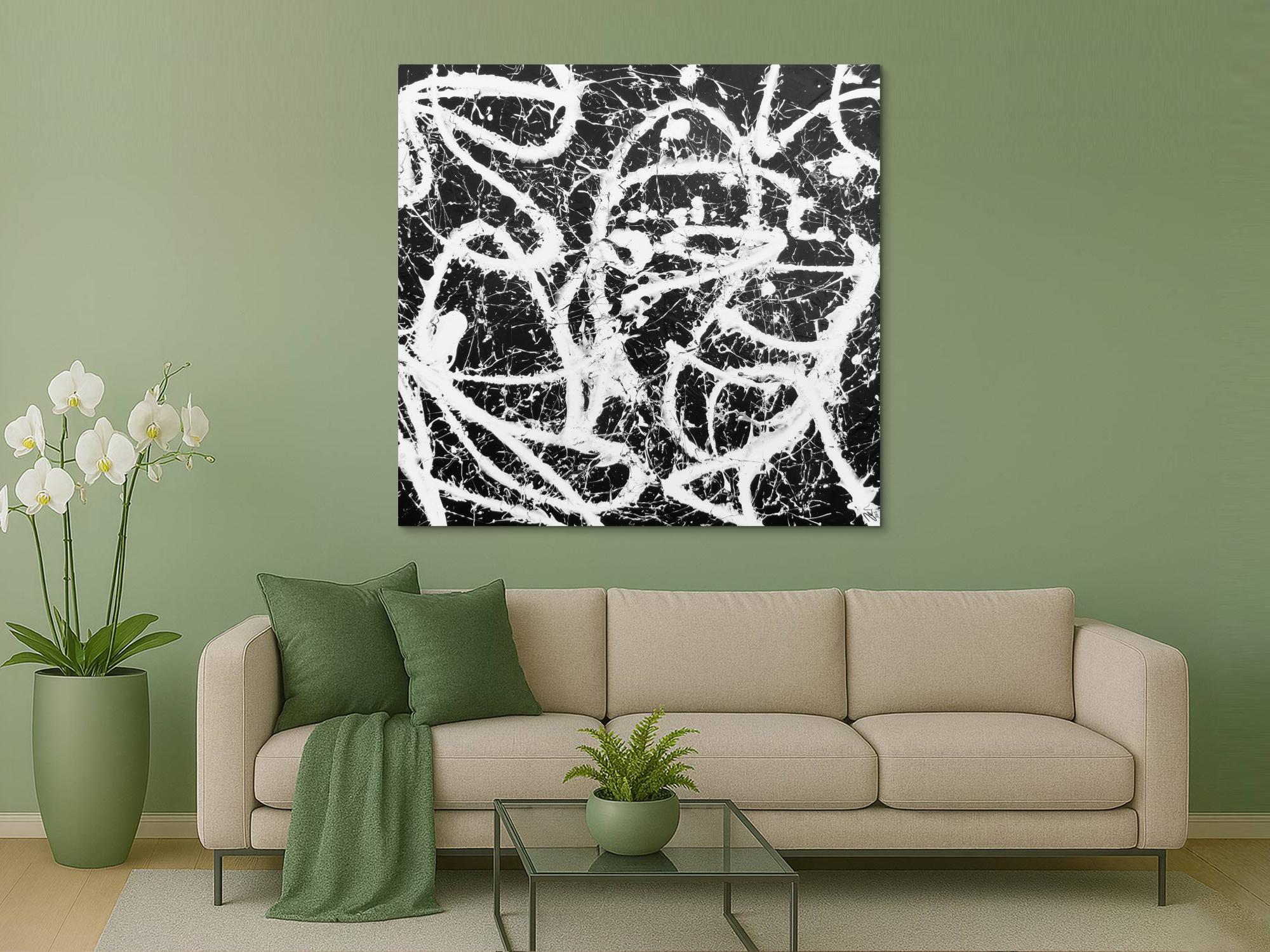 Abstraktes Acrylbild quadratisch in schwarz weiß minimalistisch Actionpainting