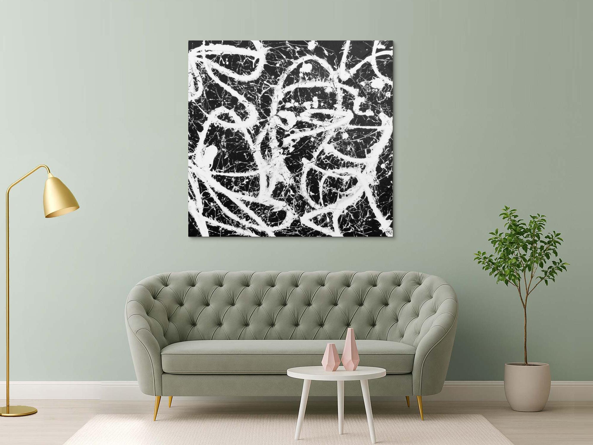 Abstraktes Acrylbild quadratisch in schwarz weiß minimalistisch Actionpainting