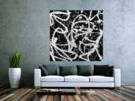 Abstraktes Acrylbild quadratisch in schwarz weiß minimalistisch Actionpainting