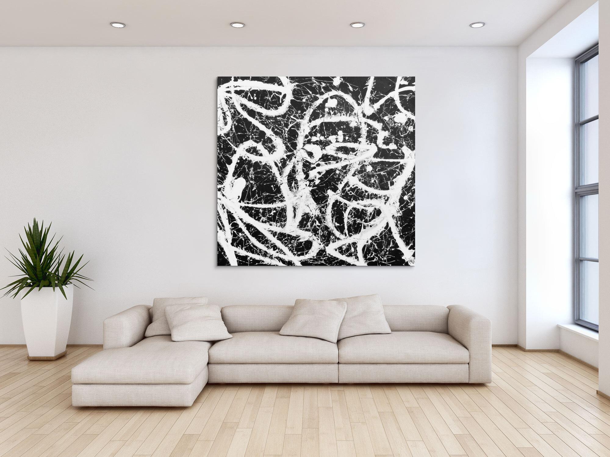 Abstraktes Acrylbild quadratisch in schwarz weiß minimalistisch Actionpainting