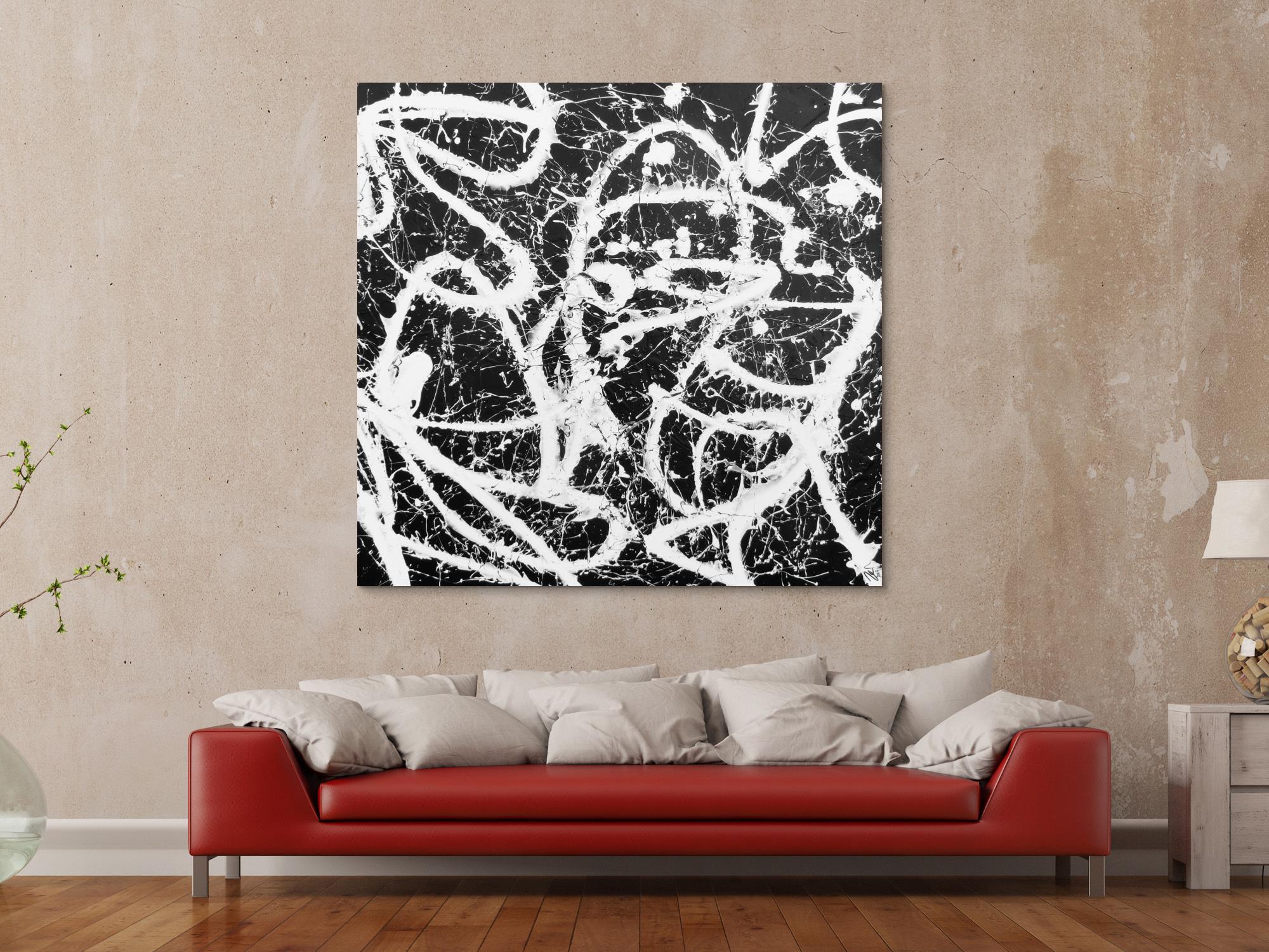 Abstraktes Acrylbild quadratisch in schwarz weiß minimalistisch Actionpainting