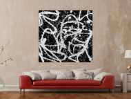 Abstraktes Acrylbild quadratisch in schwarz weiß minimalistisch Actionpainting