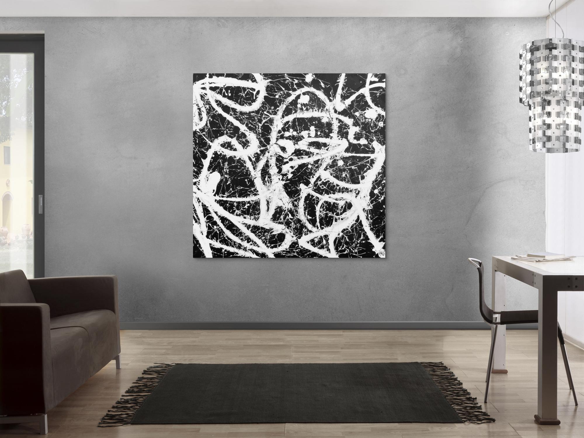 Abstraktes Acrylbild quadratisch in schwarz weiß minimalistisch Actionpainting