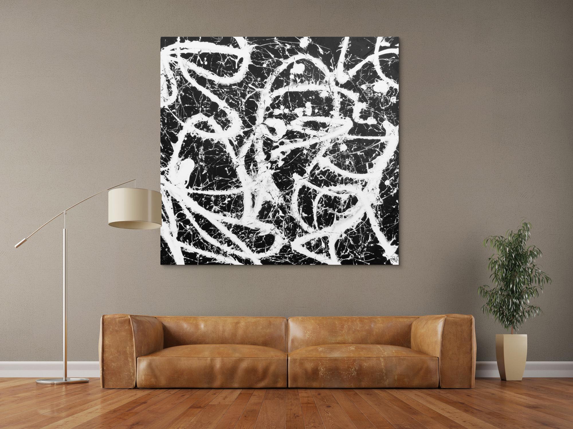 Abstraktes Acrylbild quadratisch in schwarz weiß minimalistisch Actionpainting