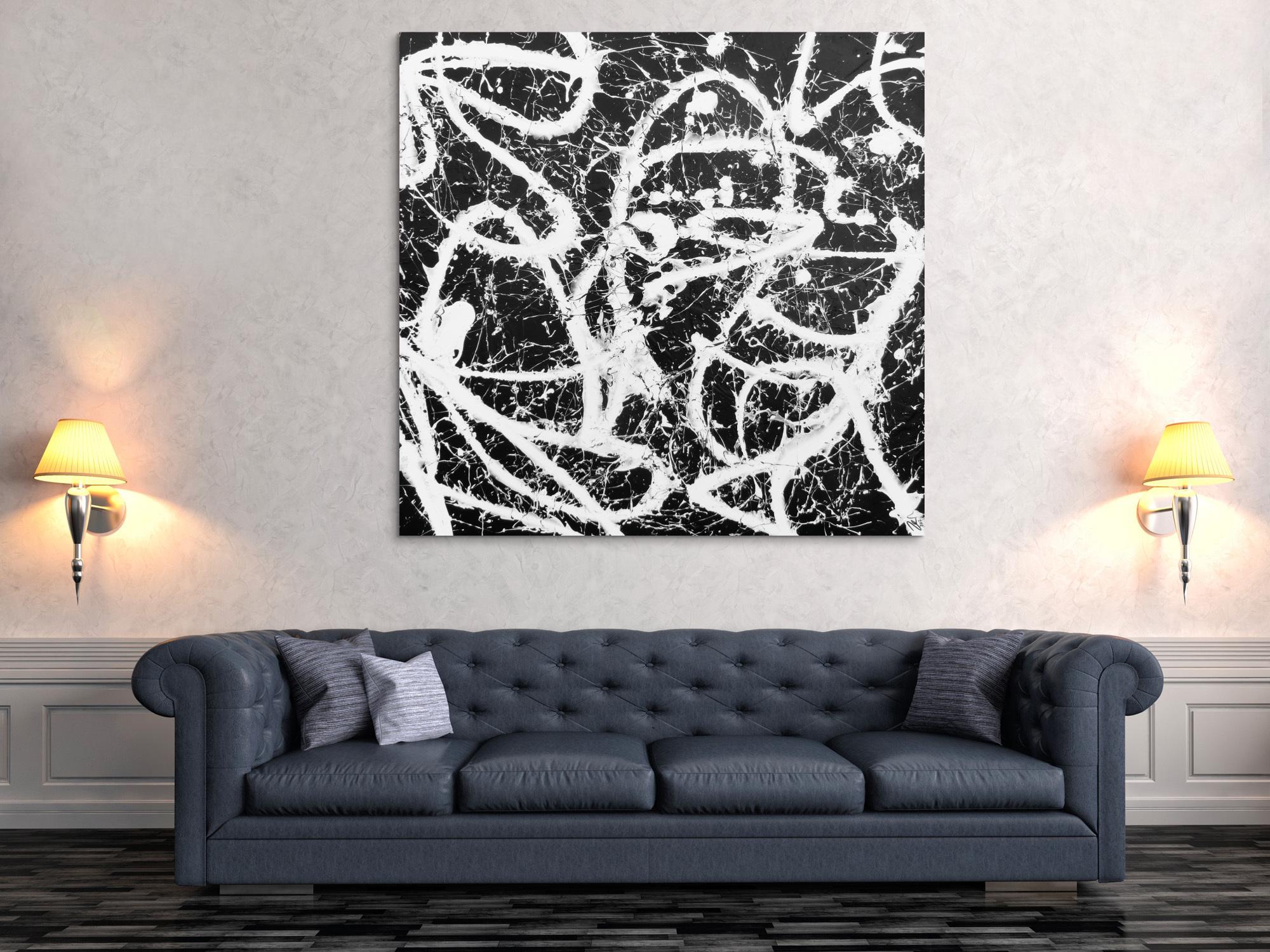 Abstraktes Acrylbild quadratisch in schwarz weiß minimalistisch Actionpainting