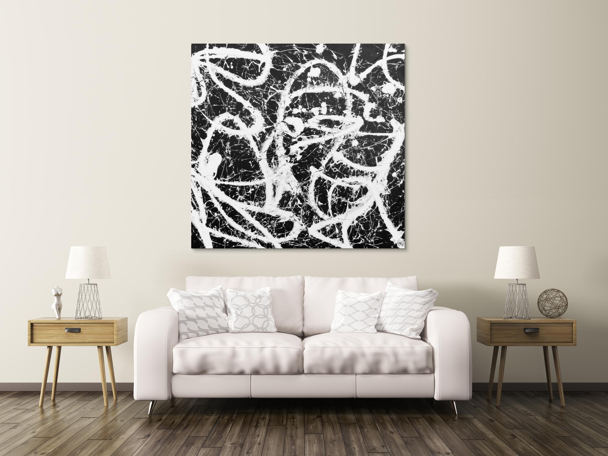 Abstraktes Acrylbild quadratisch in schwarz weiß minimalistisch Actionpainting