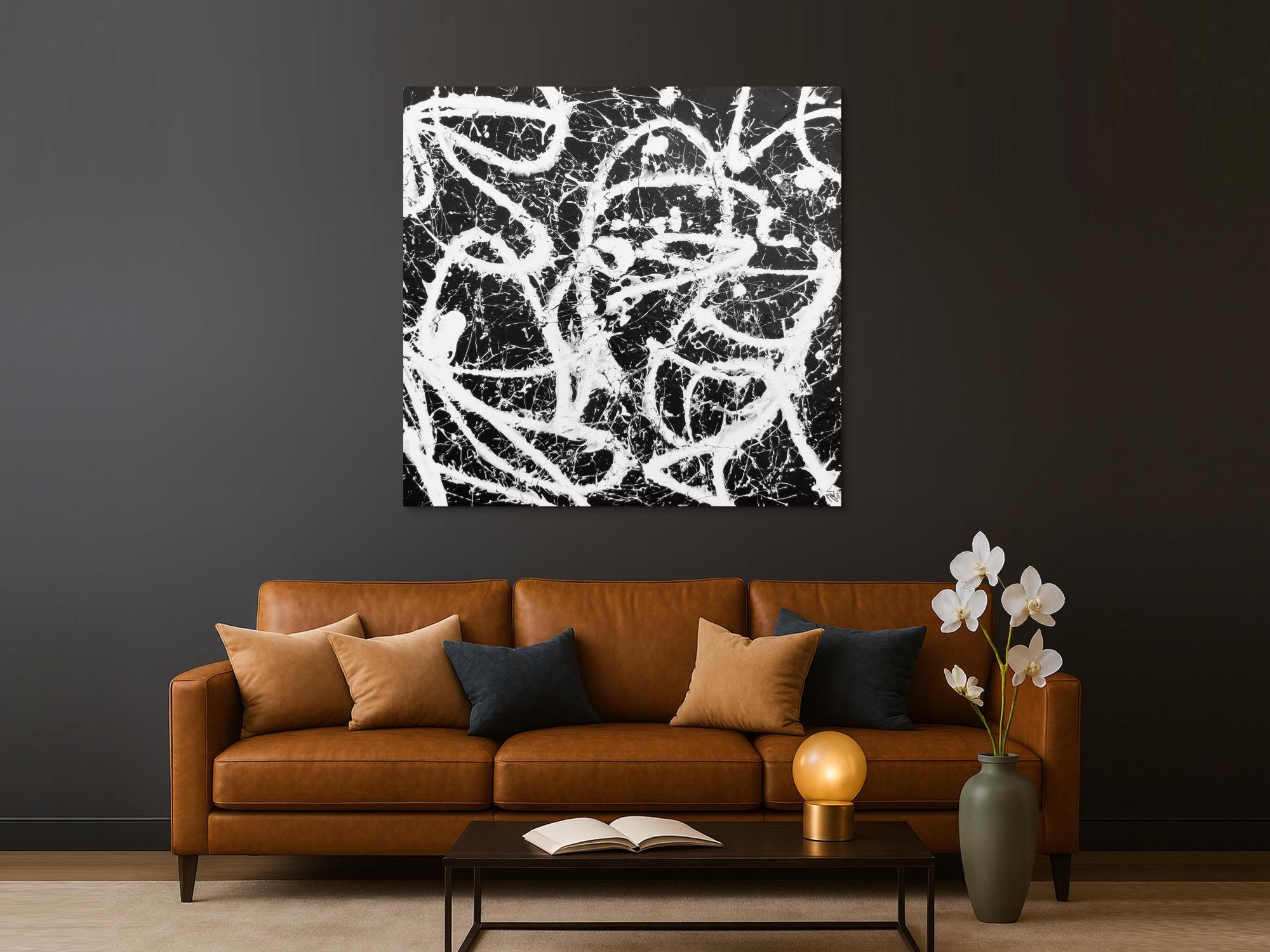 Abstraktes Acrylbild quadratisch in schwarz weiß minimalistisch Actionpainting