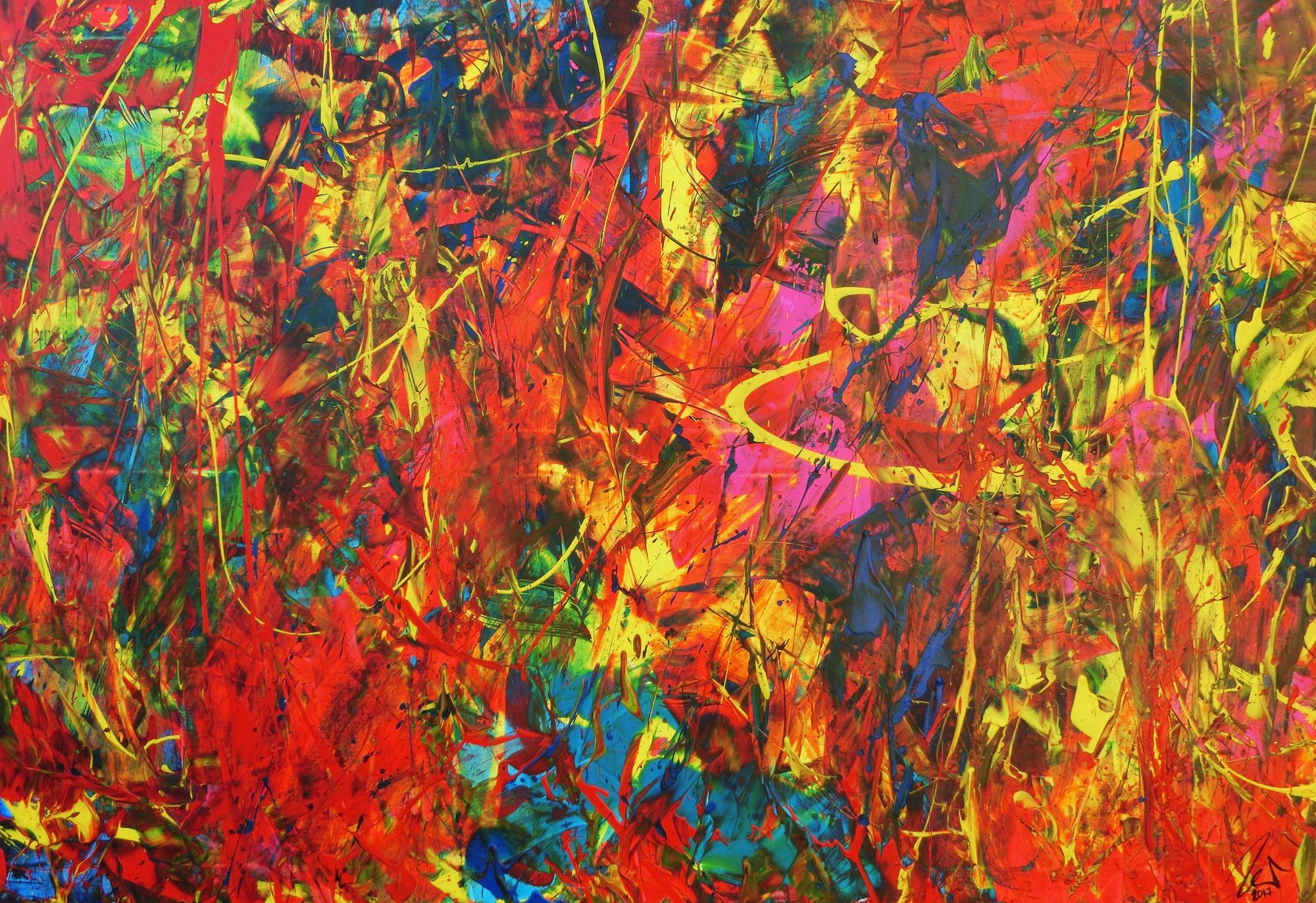 Buntes Acrylbild Spachteltechnik sehr modern und farbenfroh in ornge und gelb blau