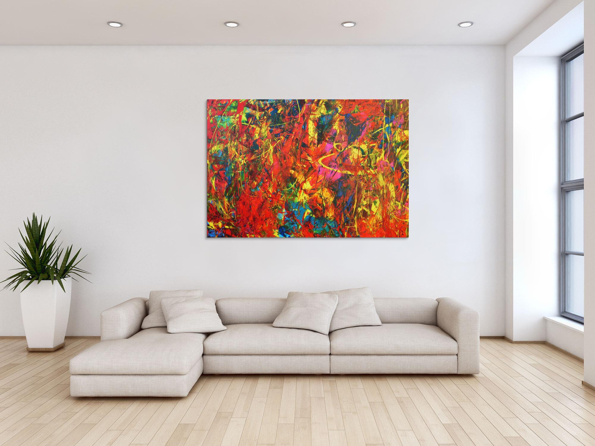 Buntes Acrylbild Spachteltechnik sehr modern und farbenfroh in ornge und gelb blau