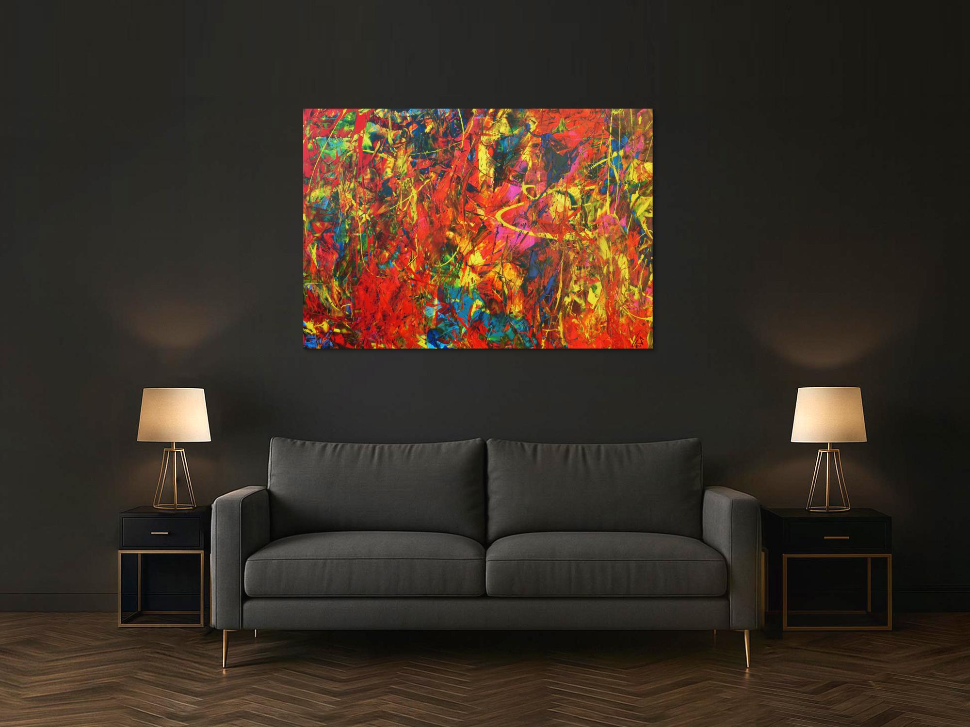 Buntes Acrylbild Spachteltechnik sehr modern und farbenfroh in ornge und gelb blau