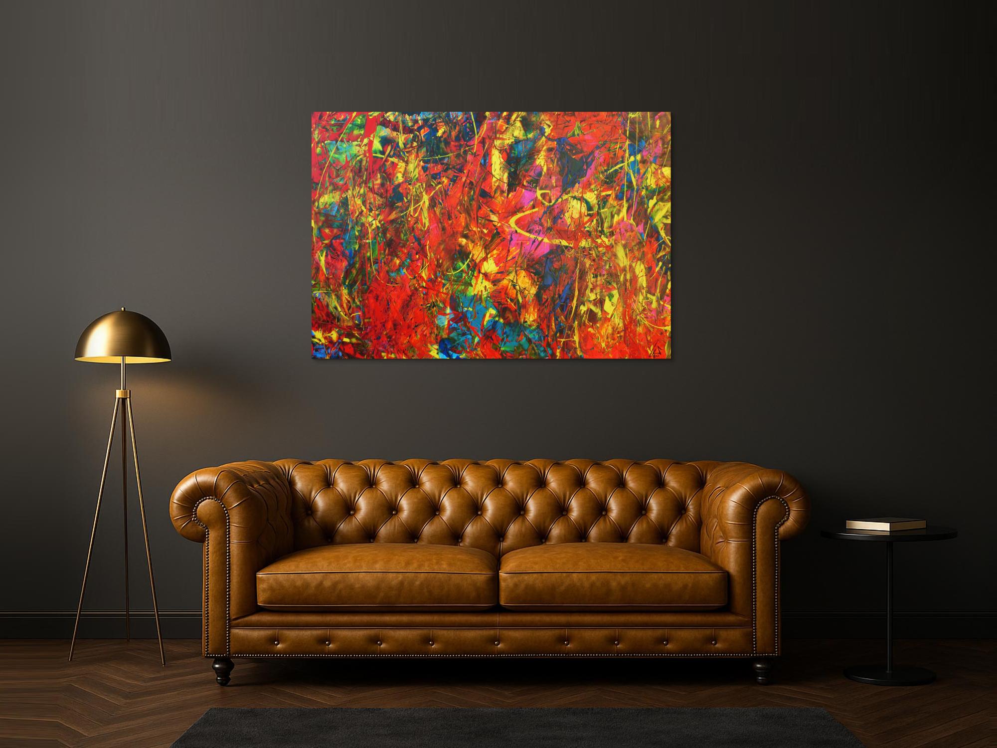 Buntes Acrylbild Spachteltechnik sehr modern und farbenfroh in ornge und gelb blau