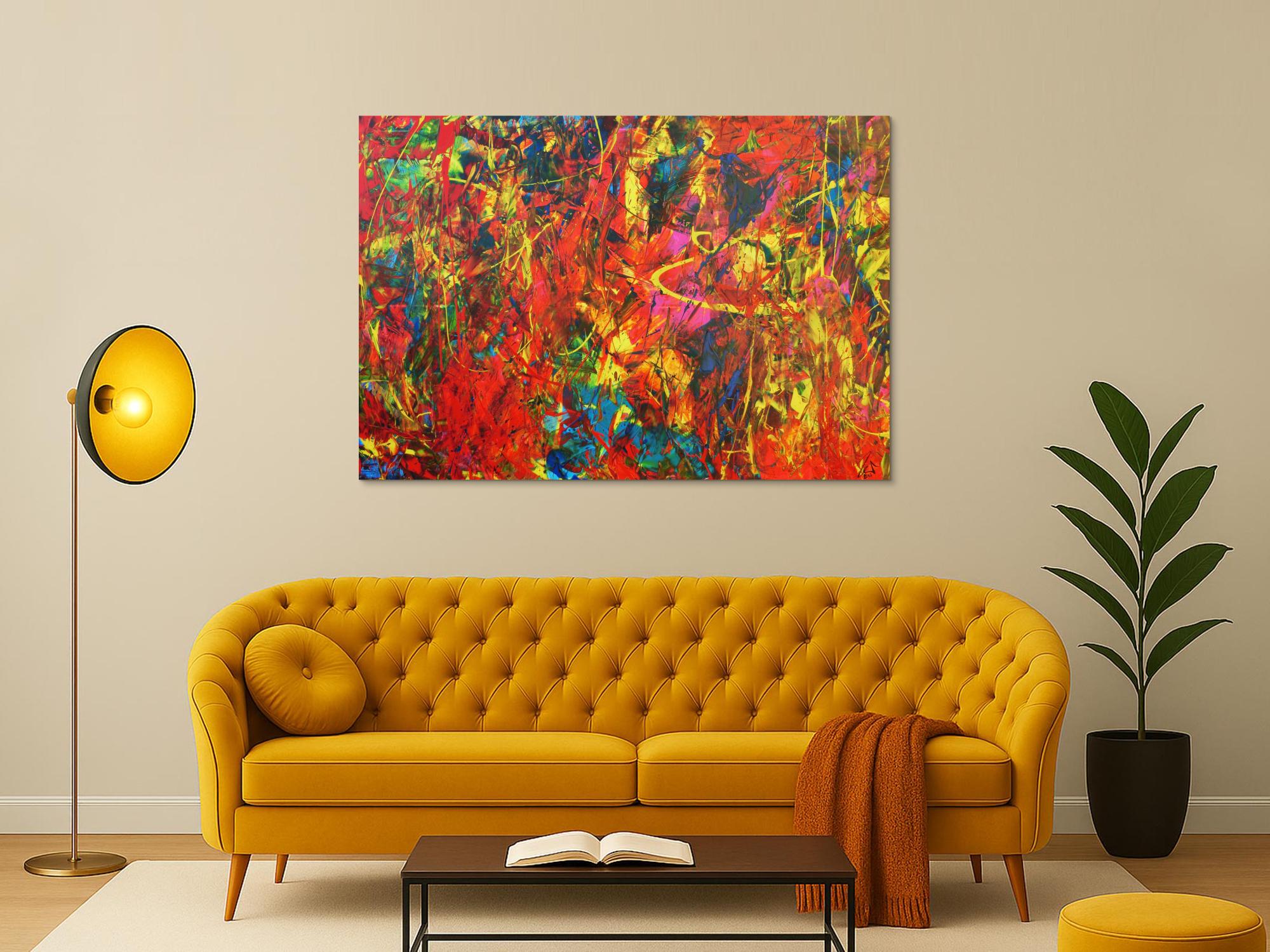 Buntes Acrylbild Spachteltechnik sehr modern und farbenfroh in ornge und gelb blau