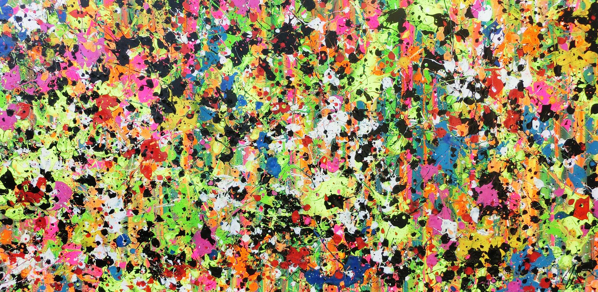 Abstraktes Original Gemälde 90x190cm Action Painting zeitgenössisch auf Leinwand Splash Art bunt hellgrün pink Einzelstück