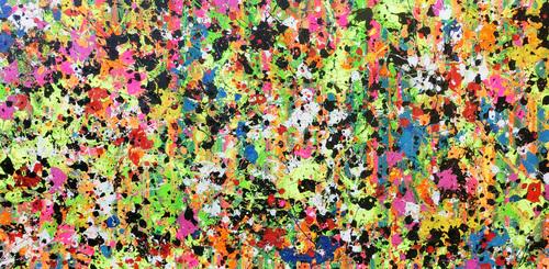 Abstraktes Original Gemälde 90x190cm Action Painting zeitgenössisch auf Leinwand Splash Art bunt hellgrün pink Einzelstück