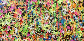 Abstraktes Original Gemälde 90x190cm Action Painting zeitgenössisch auf Leinwand Splash Art bunt hellgrün pink Einzelstück