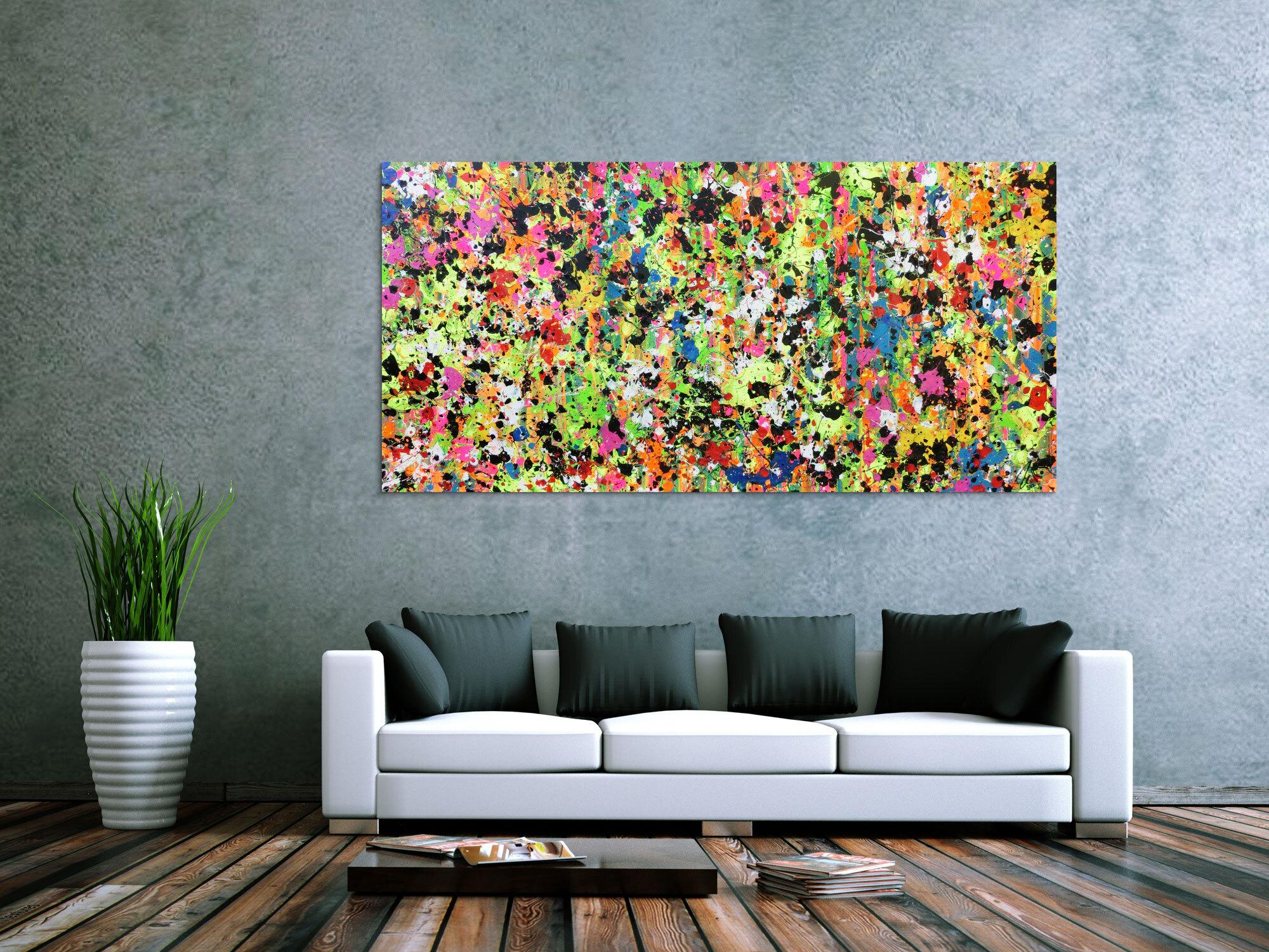 Abstraktes Original Gemälde 90x190cm Action Painting zeitgenössisch auf Leinwand Splash Art bunt hellgrün pink Einzelstück