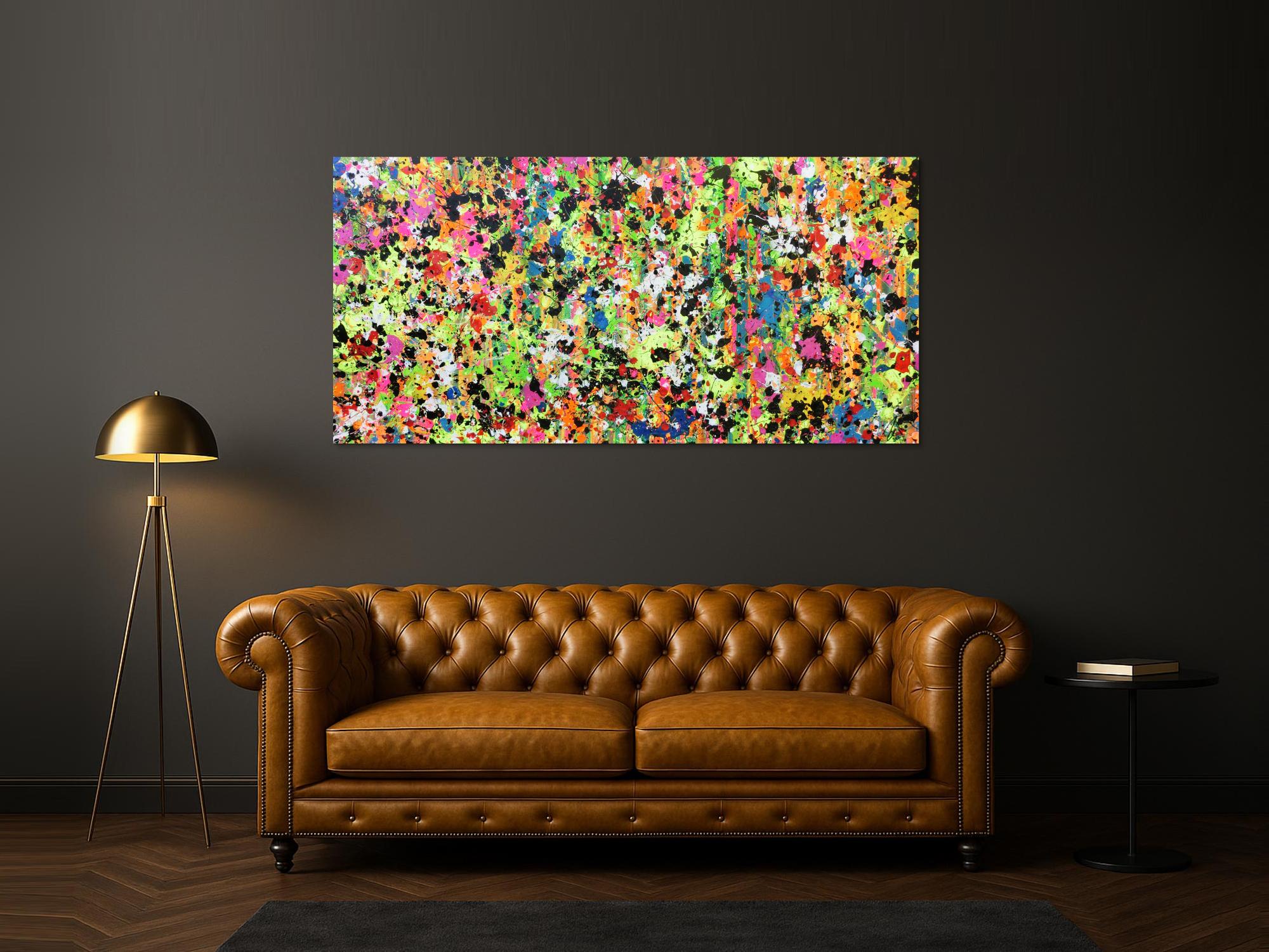 Abstraktes Original Gemälde 90x190cm Action Painting zeitgenössisch auf Leinwand Splash Art bunt hellgrün pink Einzelstück