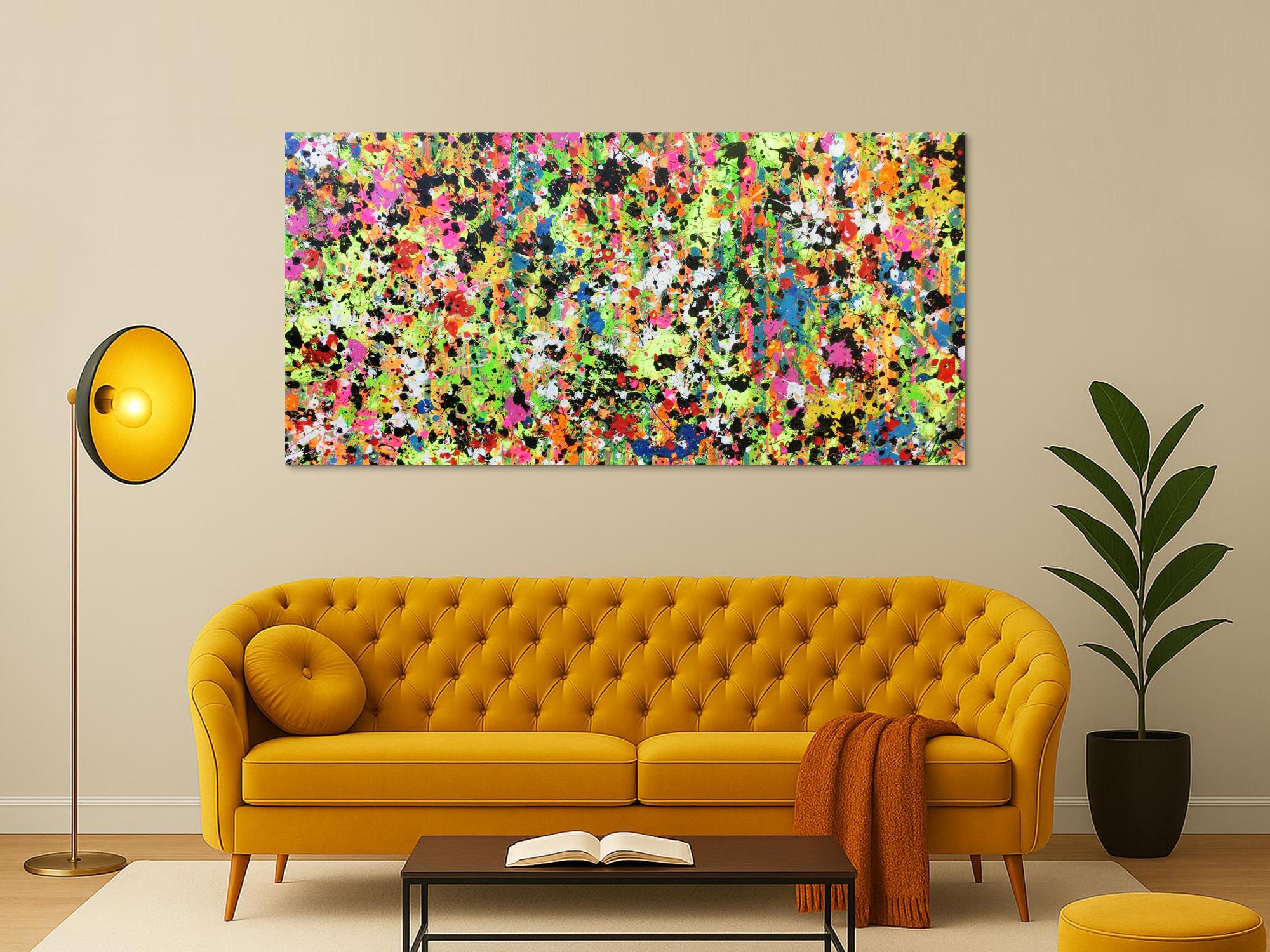 Abstraktes Original Gemälde 90x190cm Action Painting zeitgenössisch auf Leinwand Splash Art bunt hellgrün pink Einzelstück