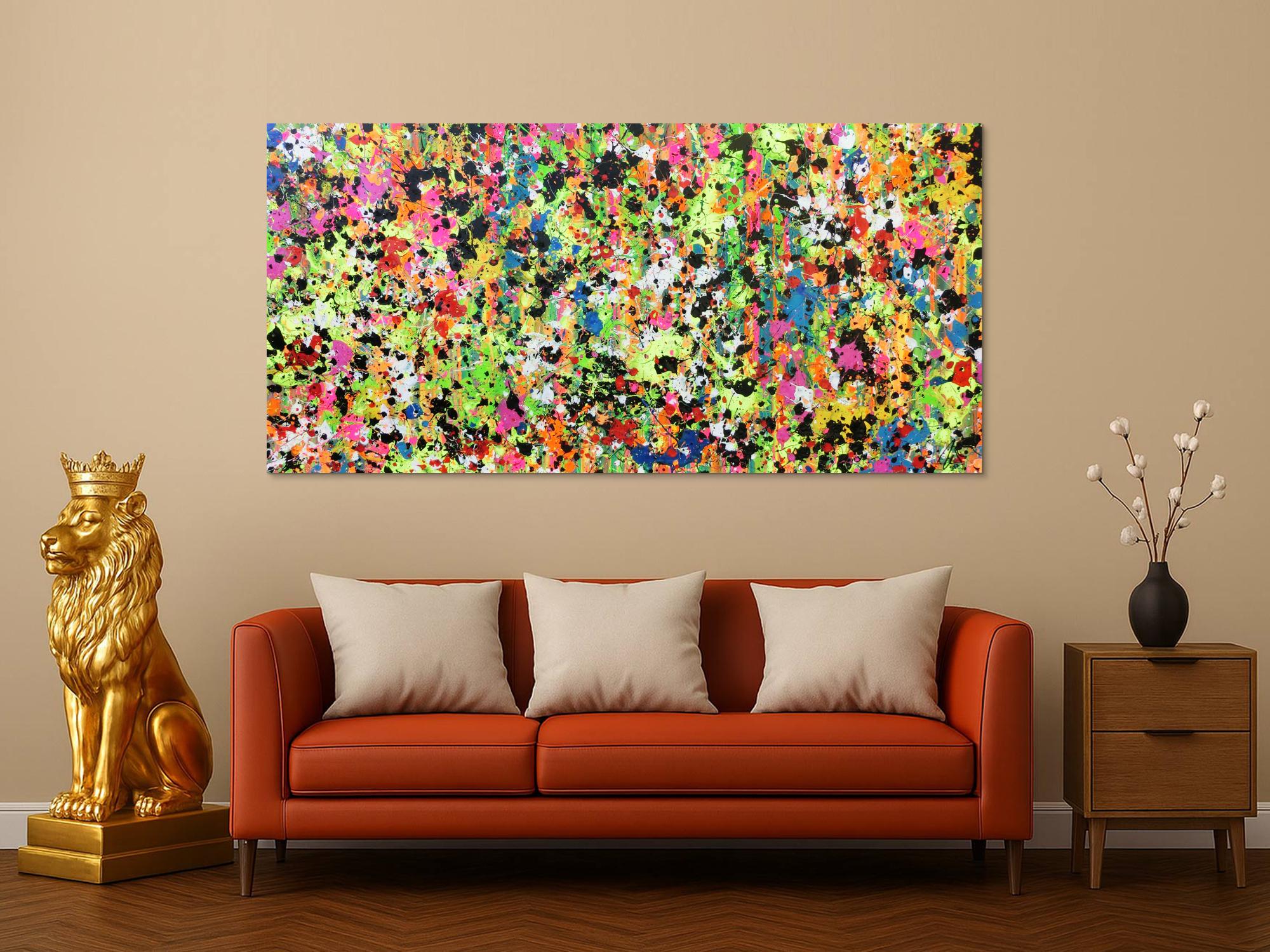 Abstraktes Original Gemälde 90x190cm Action Painting zeitgenössisch auf Leinwand Splash Art bunt hellgrün pink Einzelstück